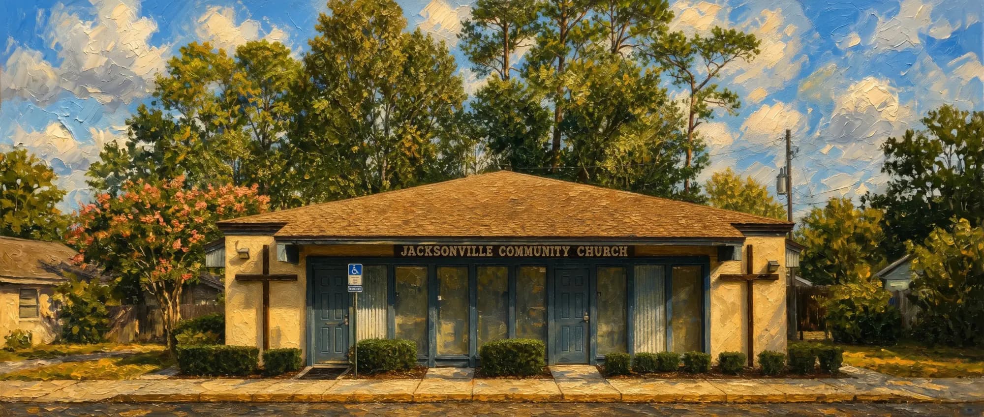 Painted illustration of the Jacksonville Community Church building, its name above the front doors and crosses on either side