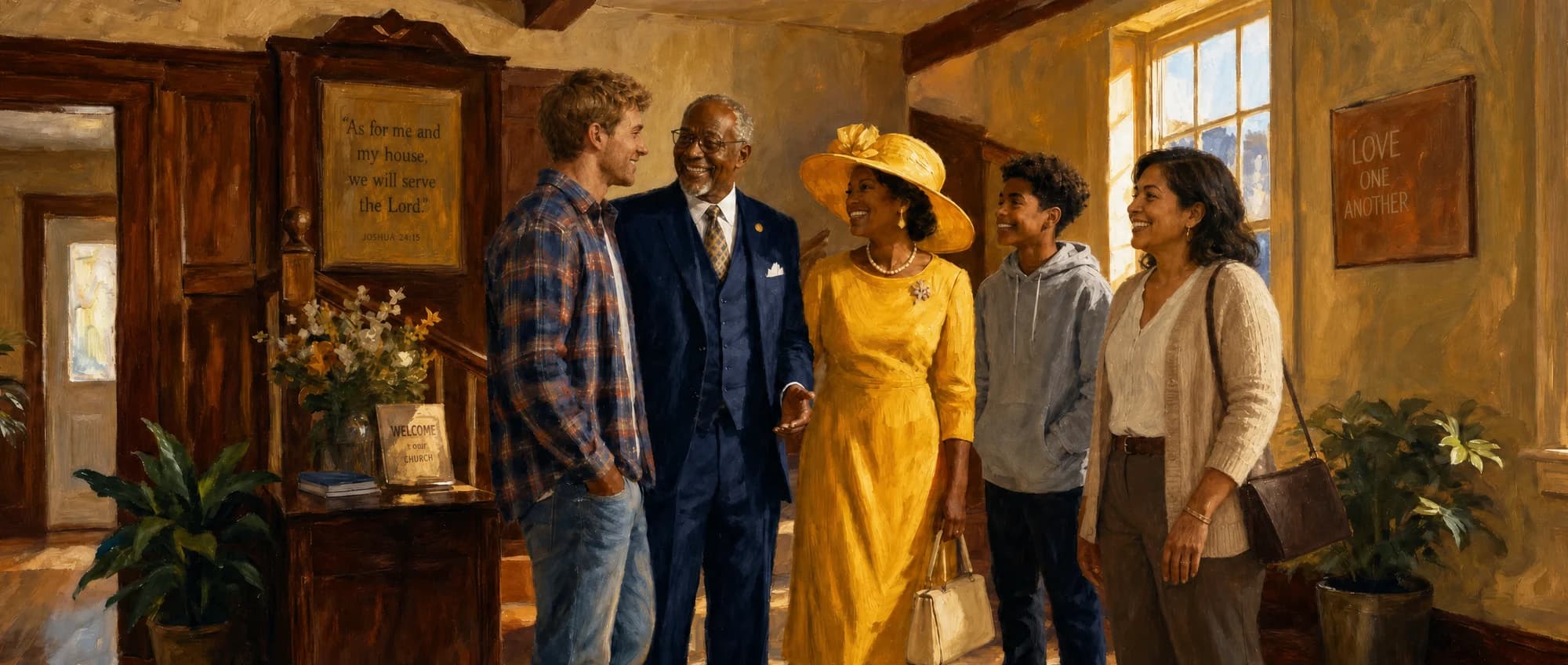 Painted illustration of church members greeting one another in the foyer