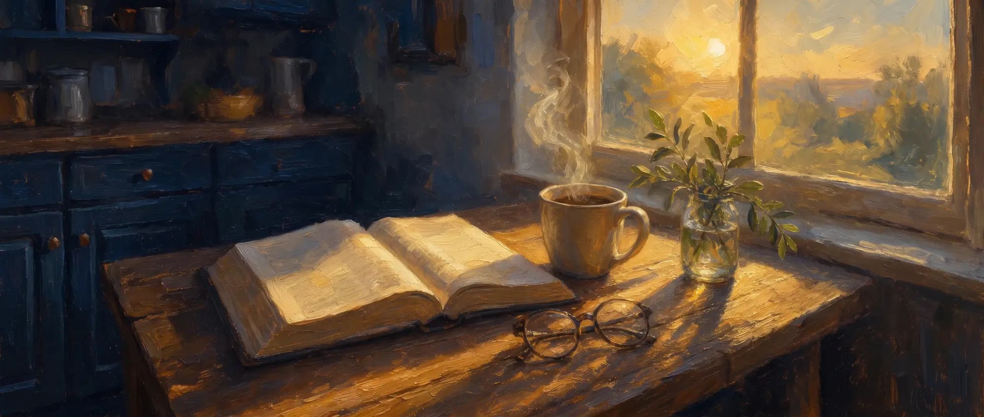 Painted illustration of an open Bible and a cup of coffee on a kitchen table in early morning light