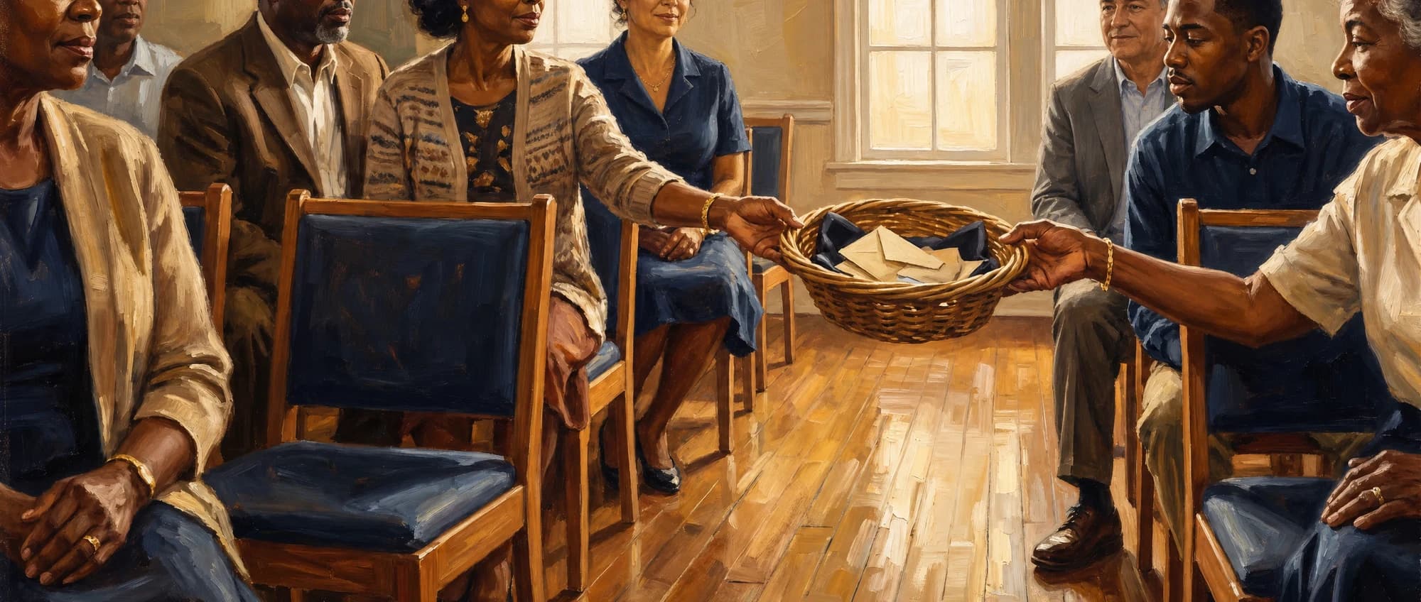 Painted illustration of a woven offering basket being passed between hands along a row of chairs in the sanctuary, in warm late-morning light