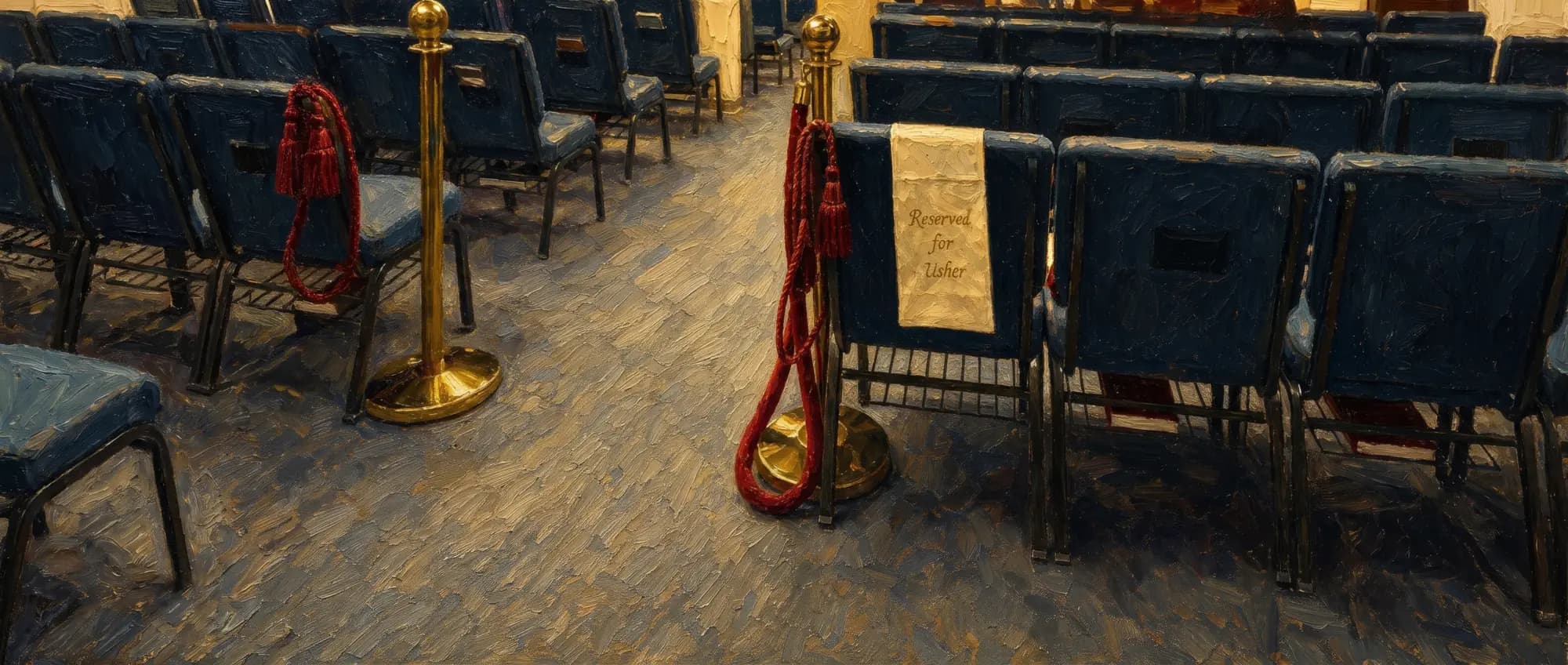 Painted illustration of the sanctuary before a service, with a card reading Reserved for Usher resting on a chair