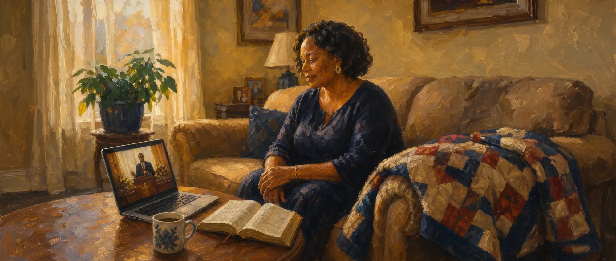 Painted illustration of a woman in her living room watching a church service on a laptop